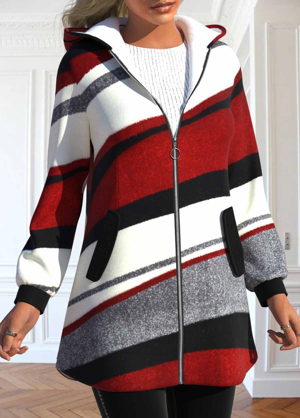 manteau à manches longues à capuche rouge vin à imprimé géométrique avec poche rotita
