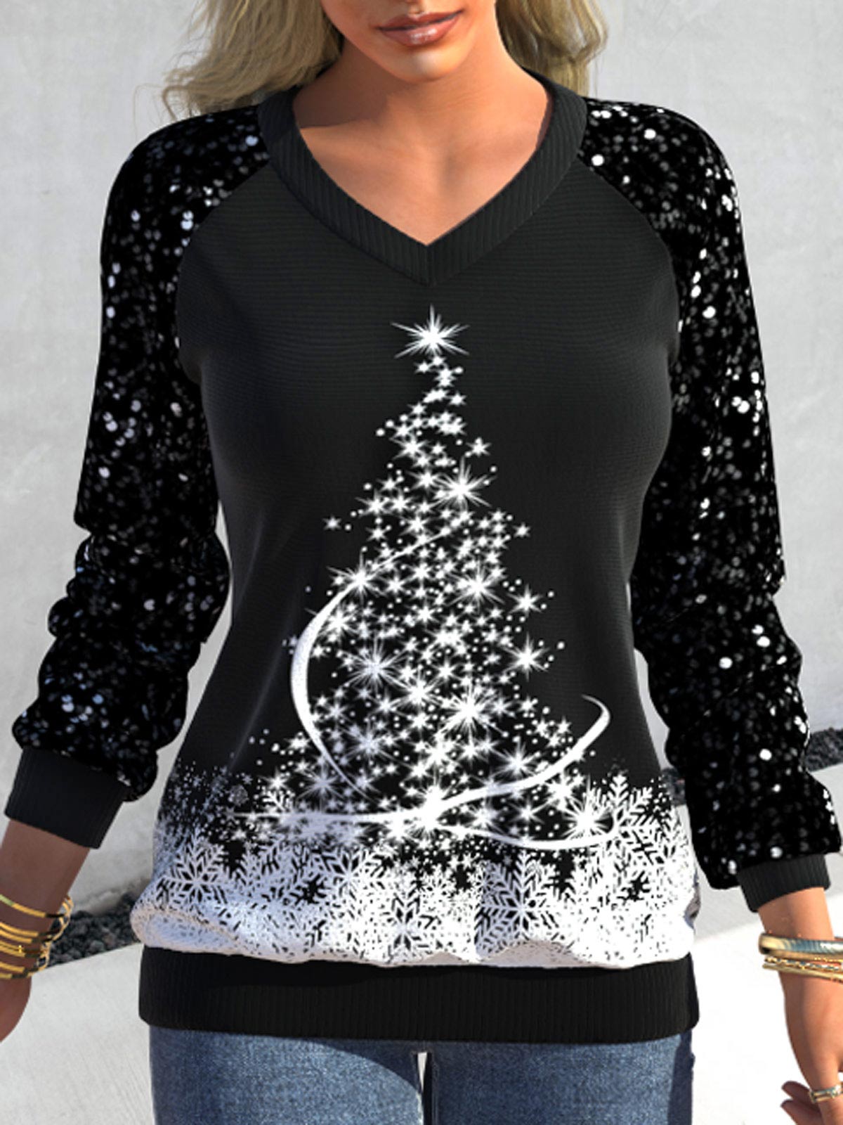 ROTITA Sequin Christmas Tree Print Black V Neck Sweatshirt