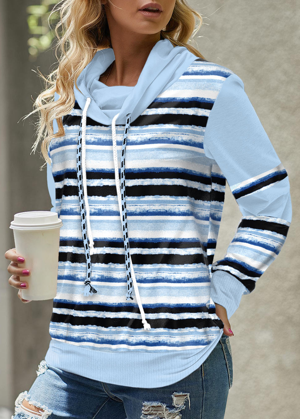 ROTITA Patchwork Striped Light Blue Cowl Neck Long Sleeve Sweatshirt