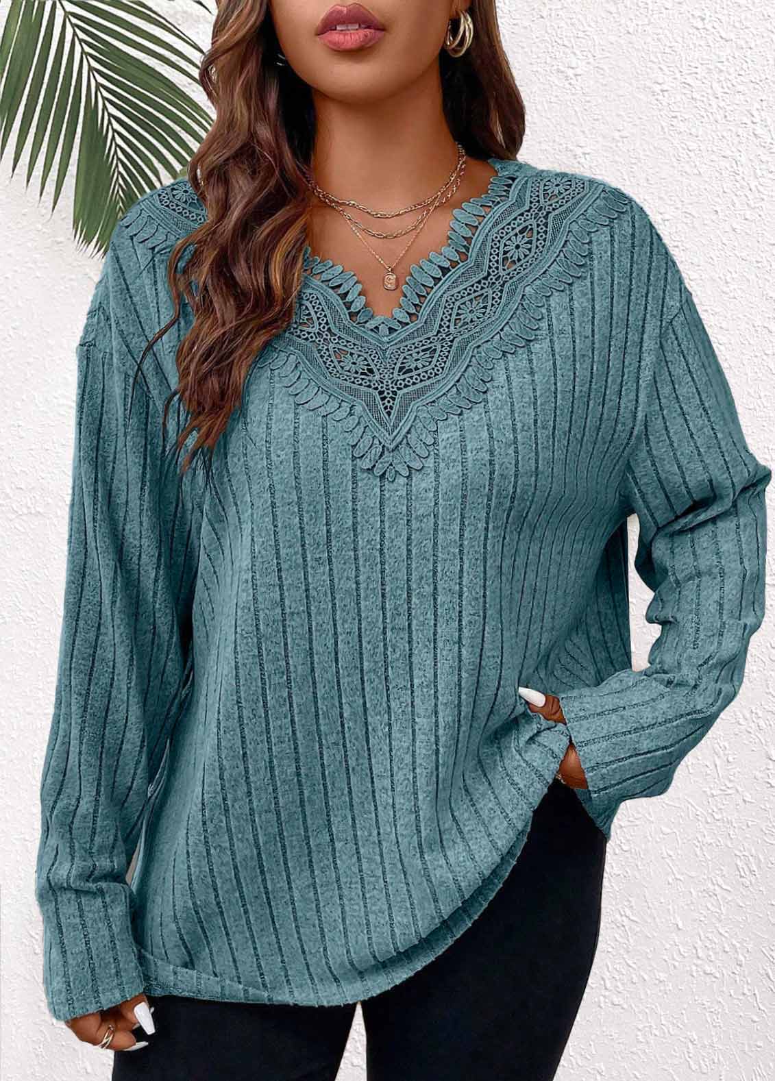 Dusty Blue plus size,Plain Color plus size,ROTITA Plus Size Patchwork Dusty Blue V Neck T Shirt