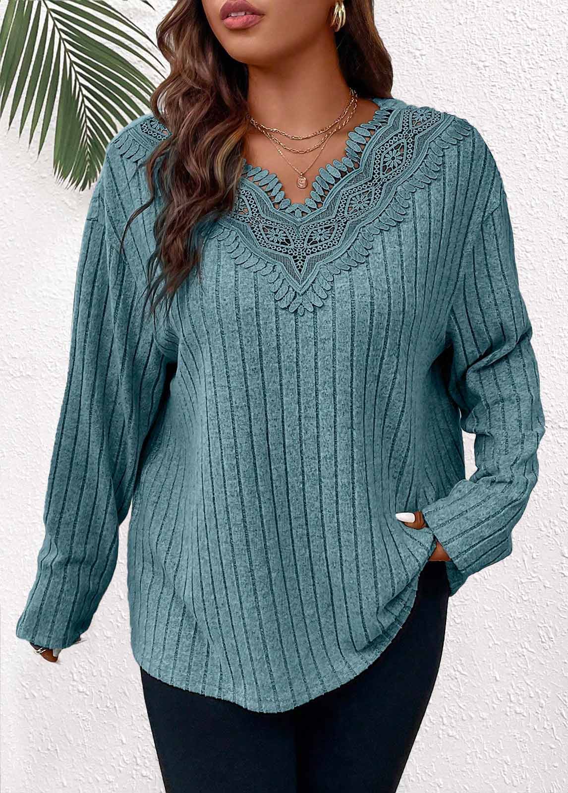 Dusty Blue plus size,Plain Color plus size,ROTITA Plus Size Patchwork Dusty Blue V Neck T Shirt