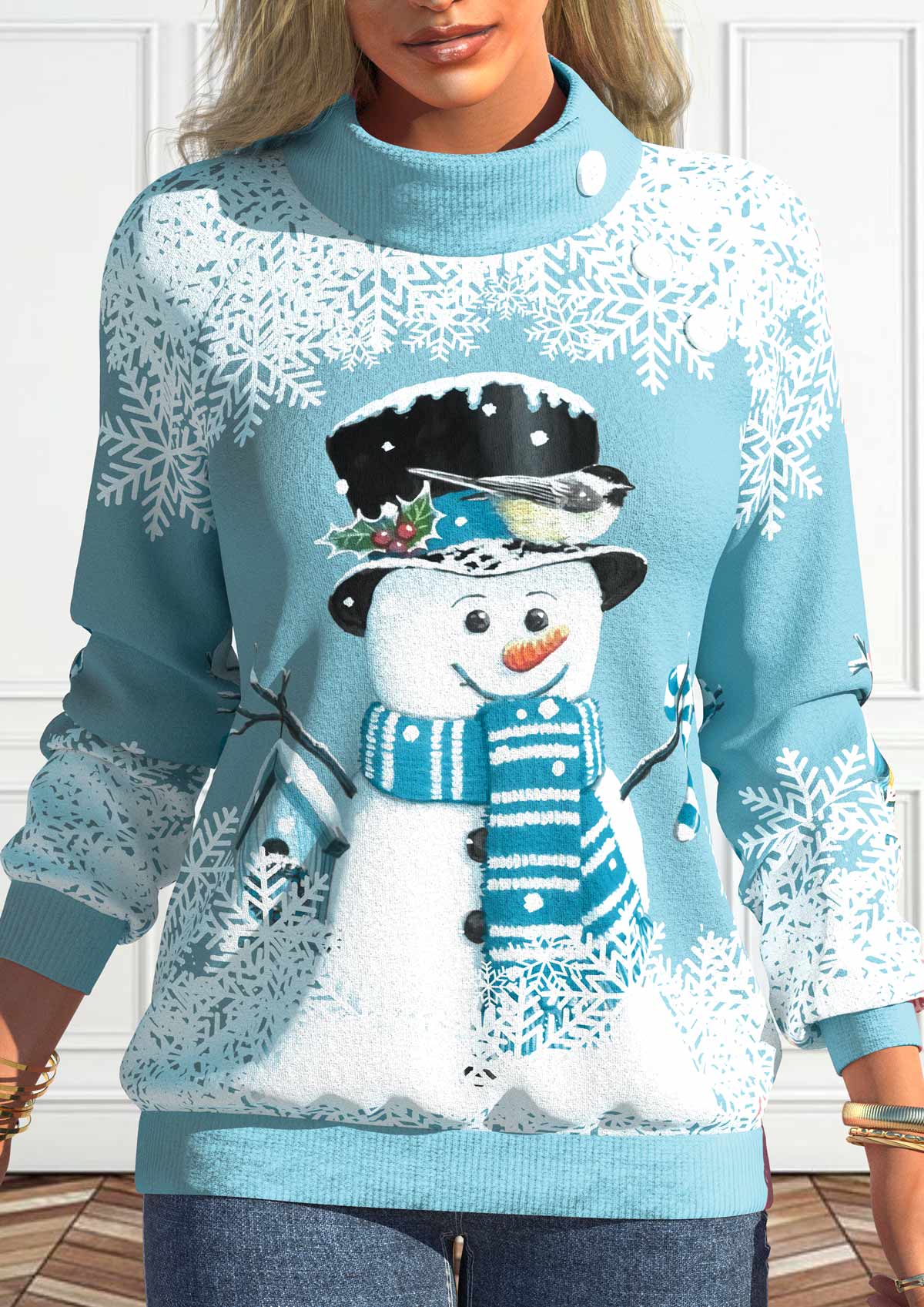 ROTITA Button Snowman Print Light Blue Stand Collar Sweatshirt