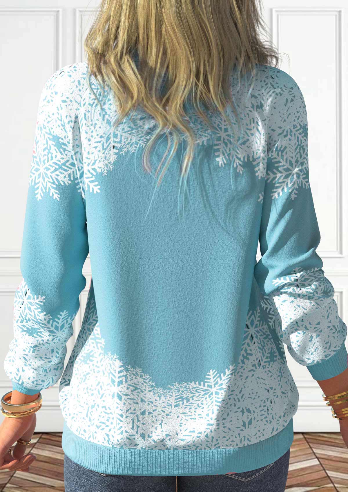 Light Blue tops,Christmas tops,ROTITA Button Snowman Print Light Blue Stand Collar Sweatshirt