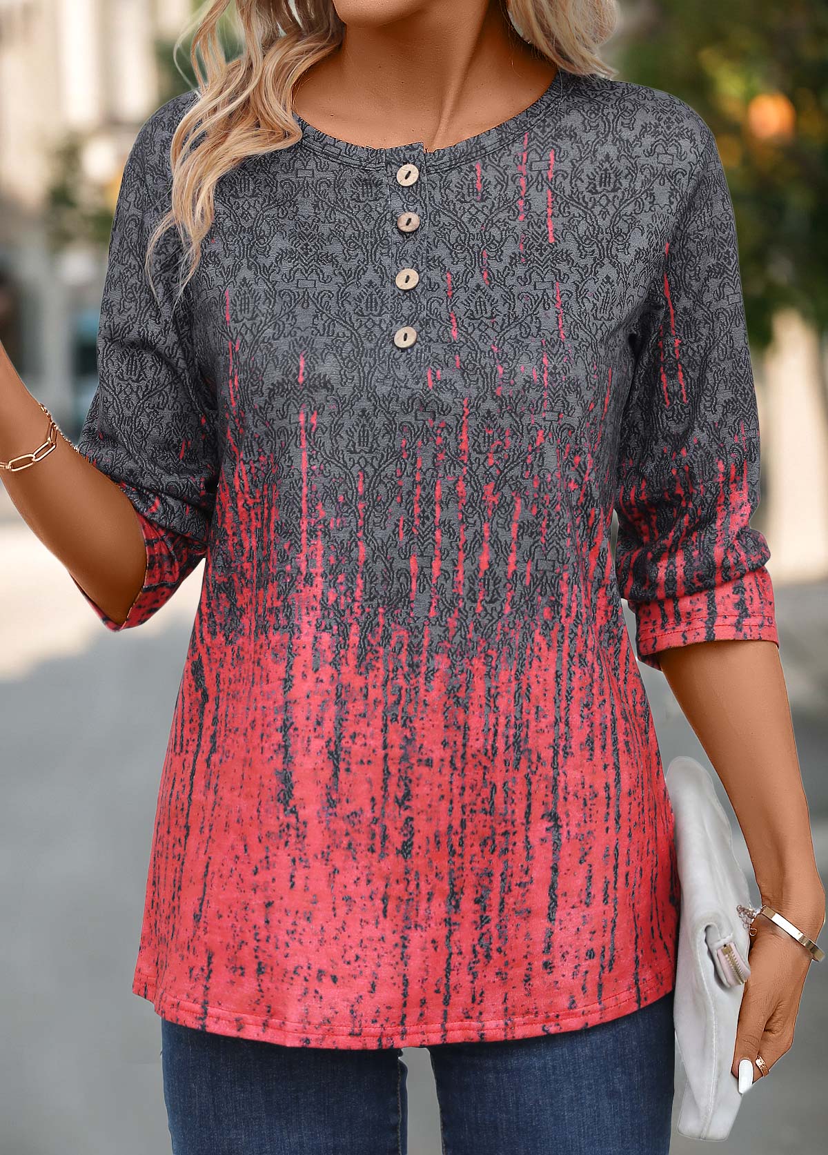 Button Ombre Coral Round Neck T Shirt