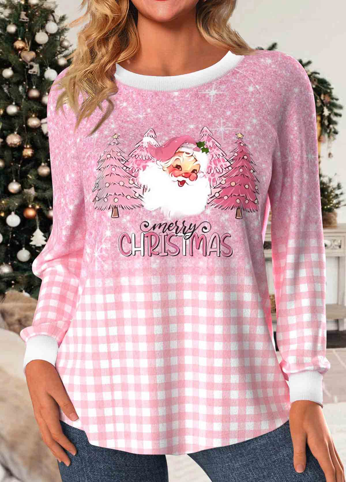 ROTITA Christmas Print Light Pink Round Neck Long Sleeve Sweatshirt