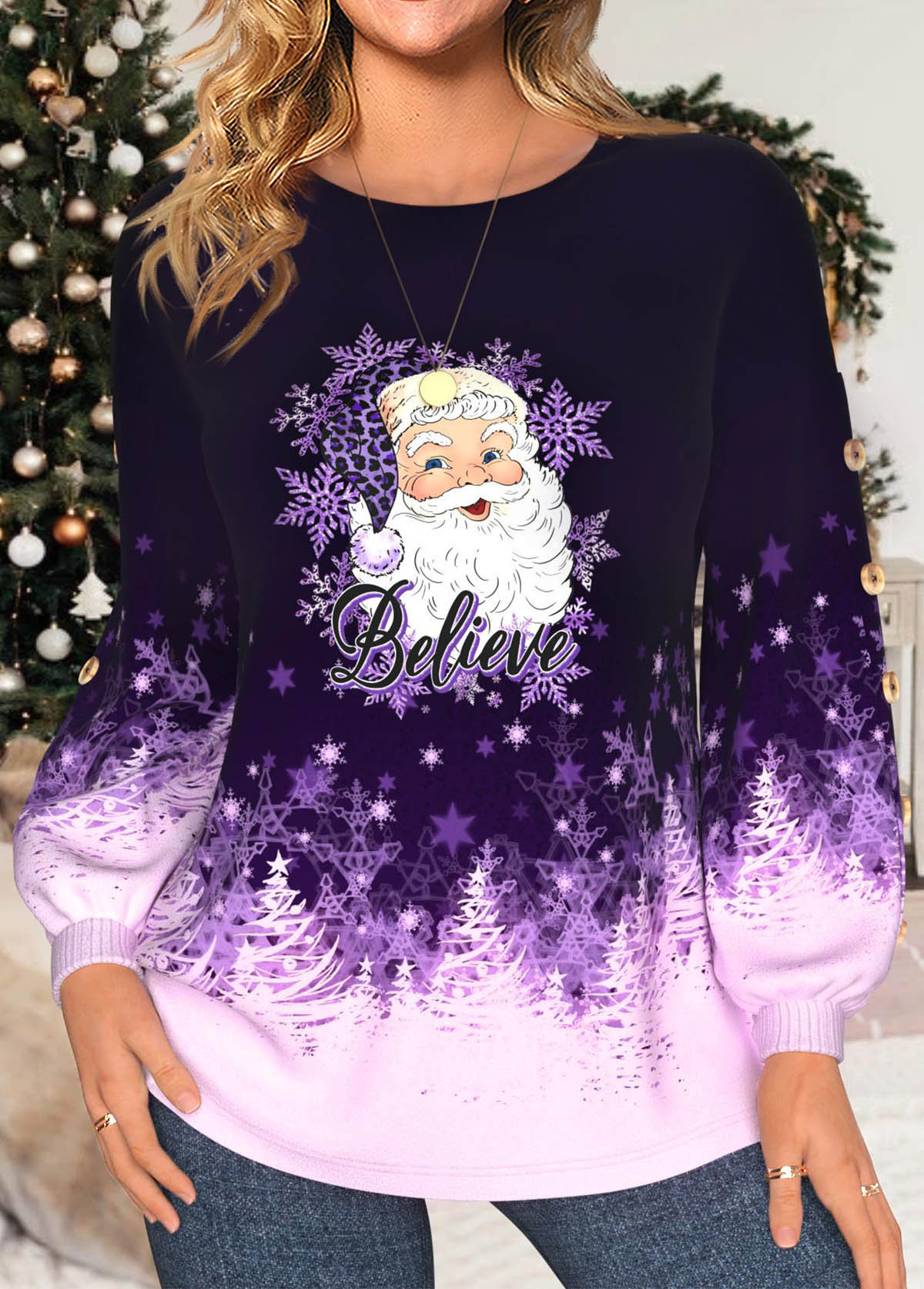 ROTITA Christmas Button Santa Claus Print Purple Round Neck Sweatshirt