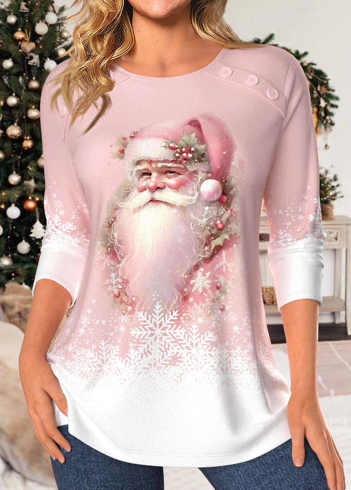 ROTITA Christmas Button Santa Claus Print Light Pink T Shirt