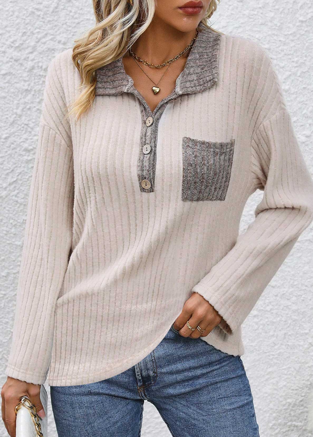 Beige tops,Contrast Color tops,ROTITA Button Beige Turn Down Collar Long Sleeve Sweatshirt