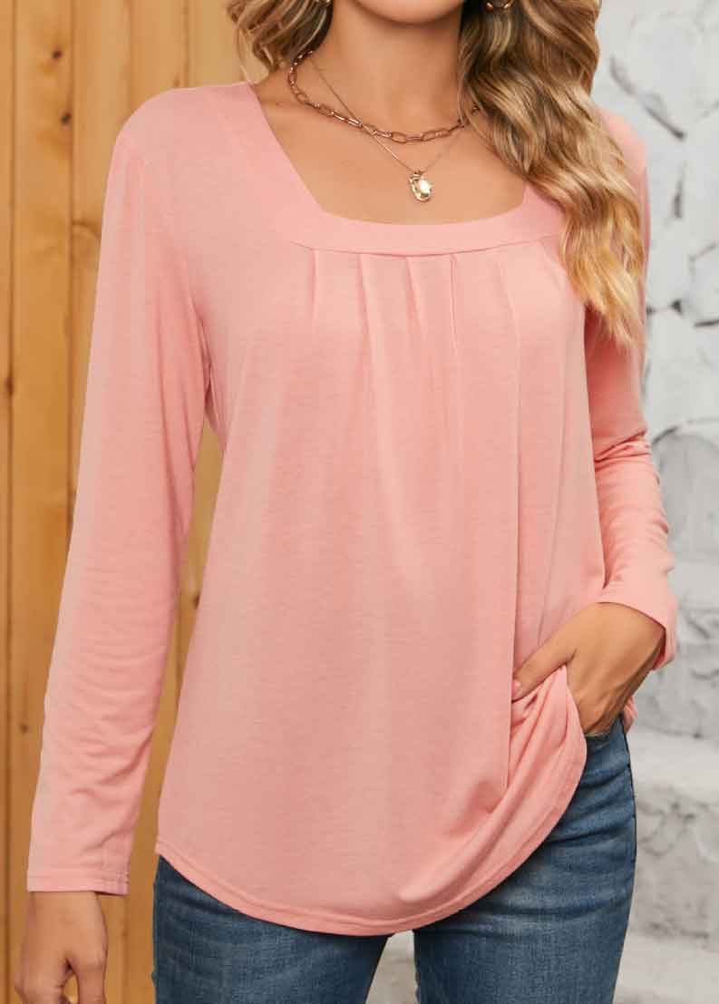 Ruched Dusty Pink Square Neck Long Sleeve T Shirt