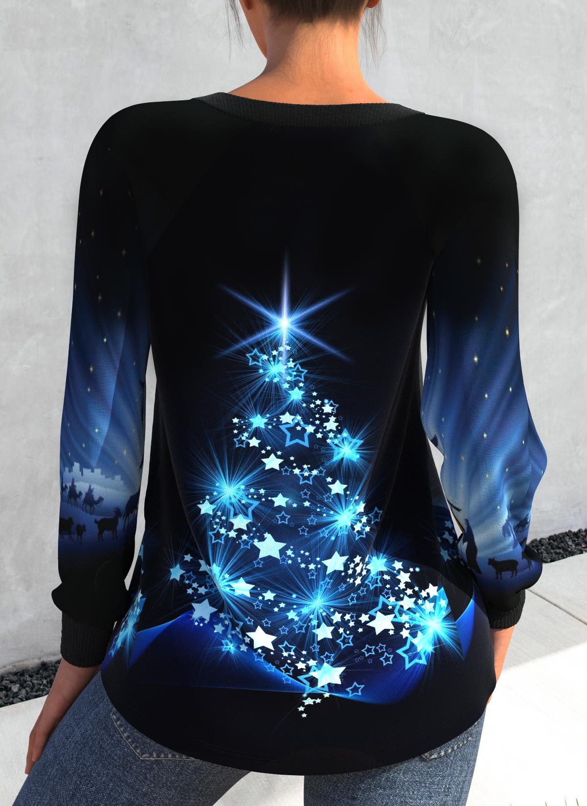 Blue tops,Sky Blue tops,Christmas tops,Ombre tops,Geometric tops,Animal Print tops,ROTITA Christmas Tree Print Black Scoop Neck Sweatshirt