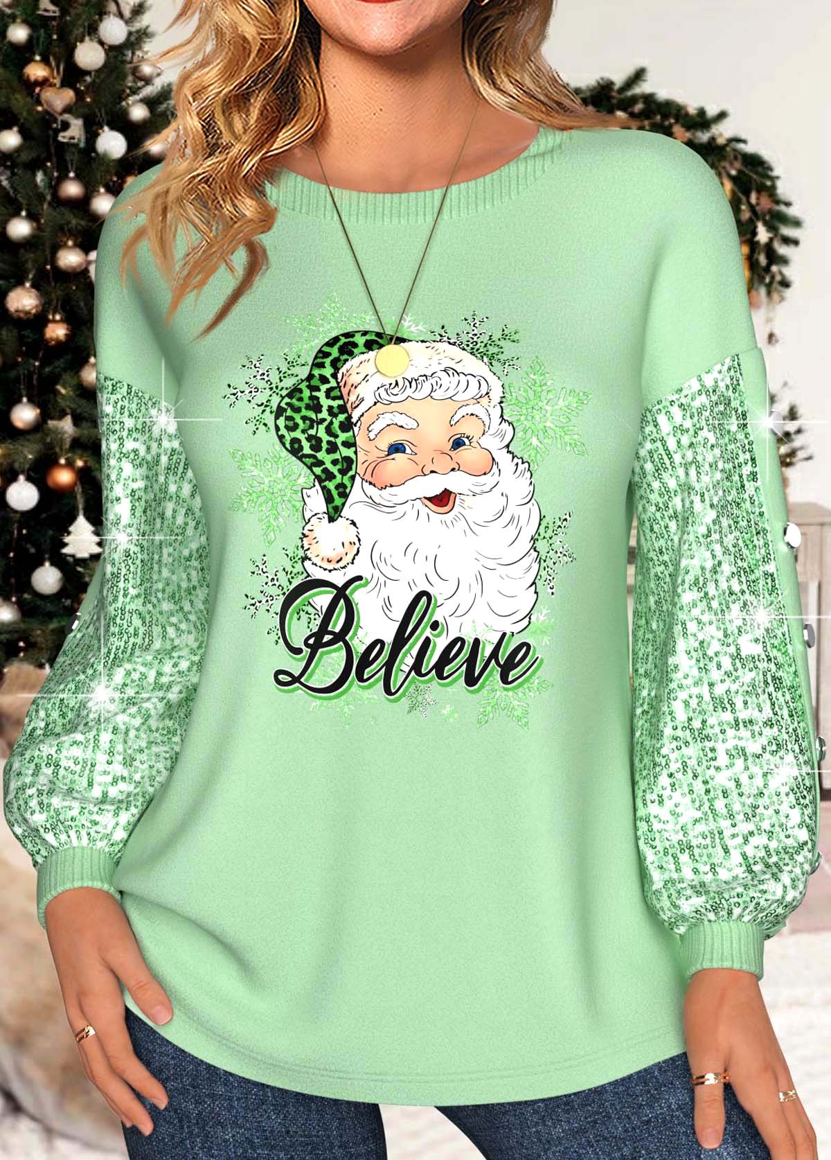 ROTITA Sequin Santa Claus Print Light Green Christmas Sweatshirt