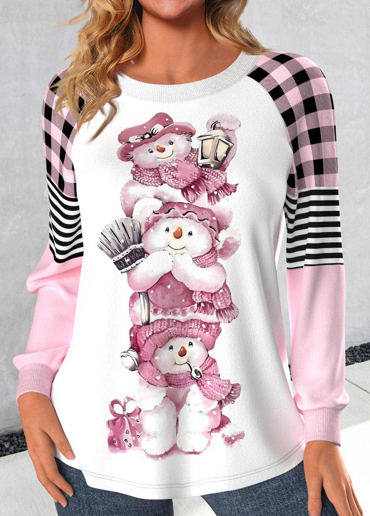 ROTITA Christmas Snowman Print Light Pink Round Neck Sweatshirt