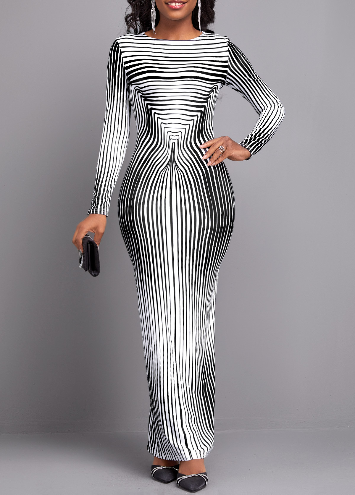 ROTITA Striped Black Round Neck Long Sleeve Maxi Bodycon Dress