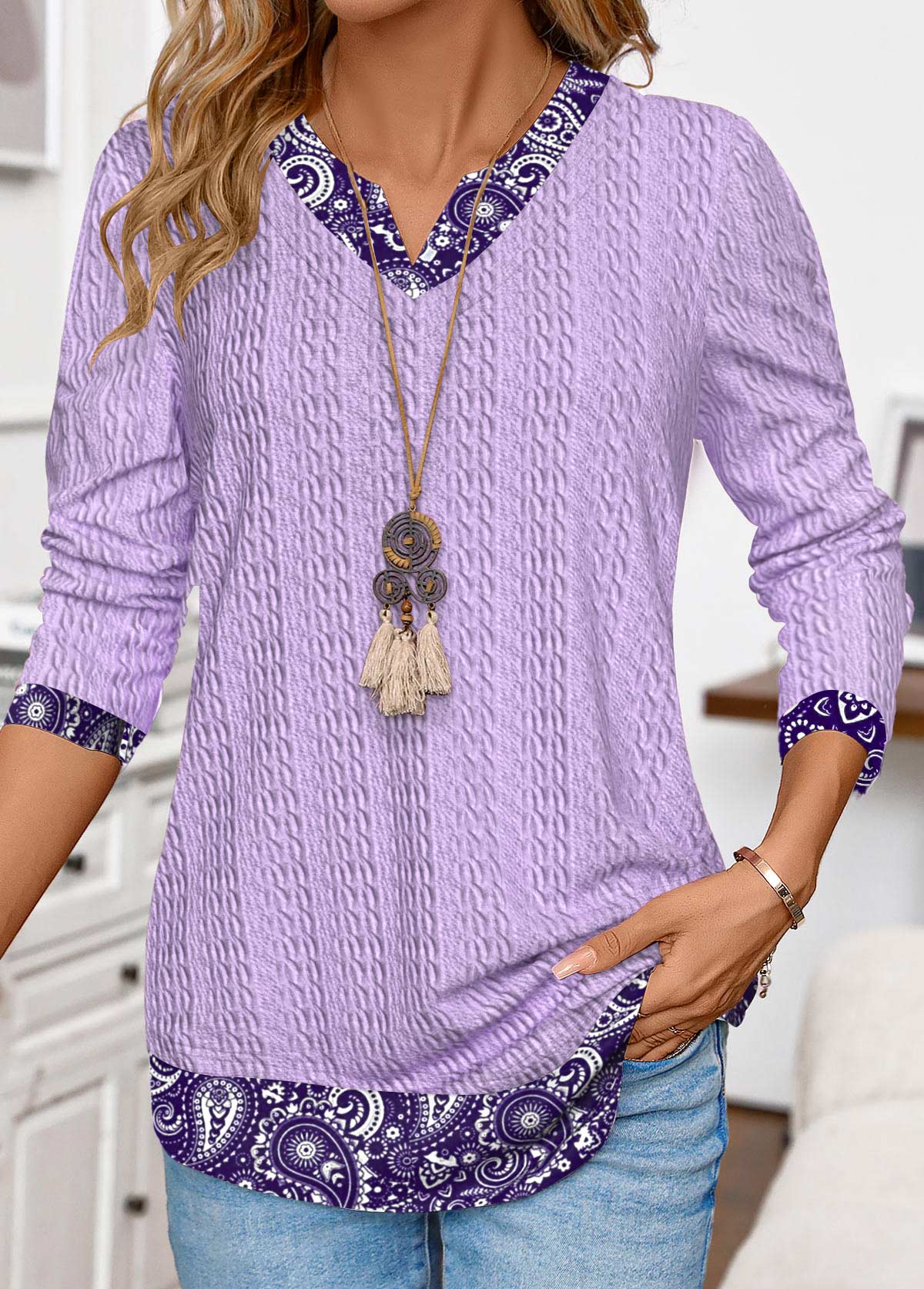ROTITA Patchwork Tribal Print Light Purple Split Neck T Shirt