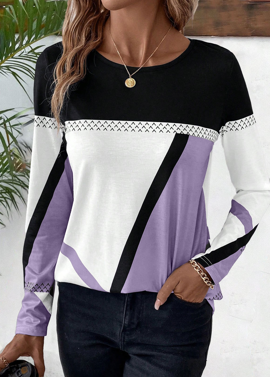 Light Purple plus size,White plus size,Geometric plus size,Striped plus size,ROTITA Plus Size Patchwork Light Purple Geometric Print T Shirt