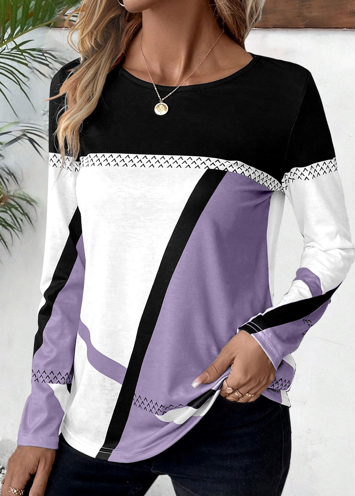 Light Purple plus size,White plus size,Geometric plus size,Striped plus size,ROTITA Plus Size Patchwork Light Purple Geometric Print T Shirt