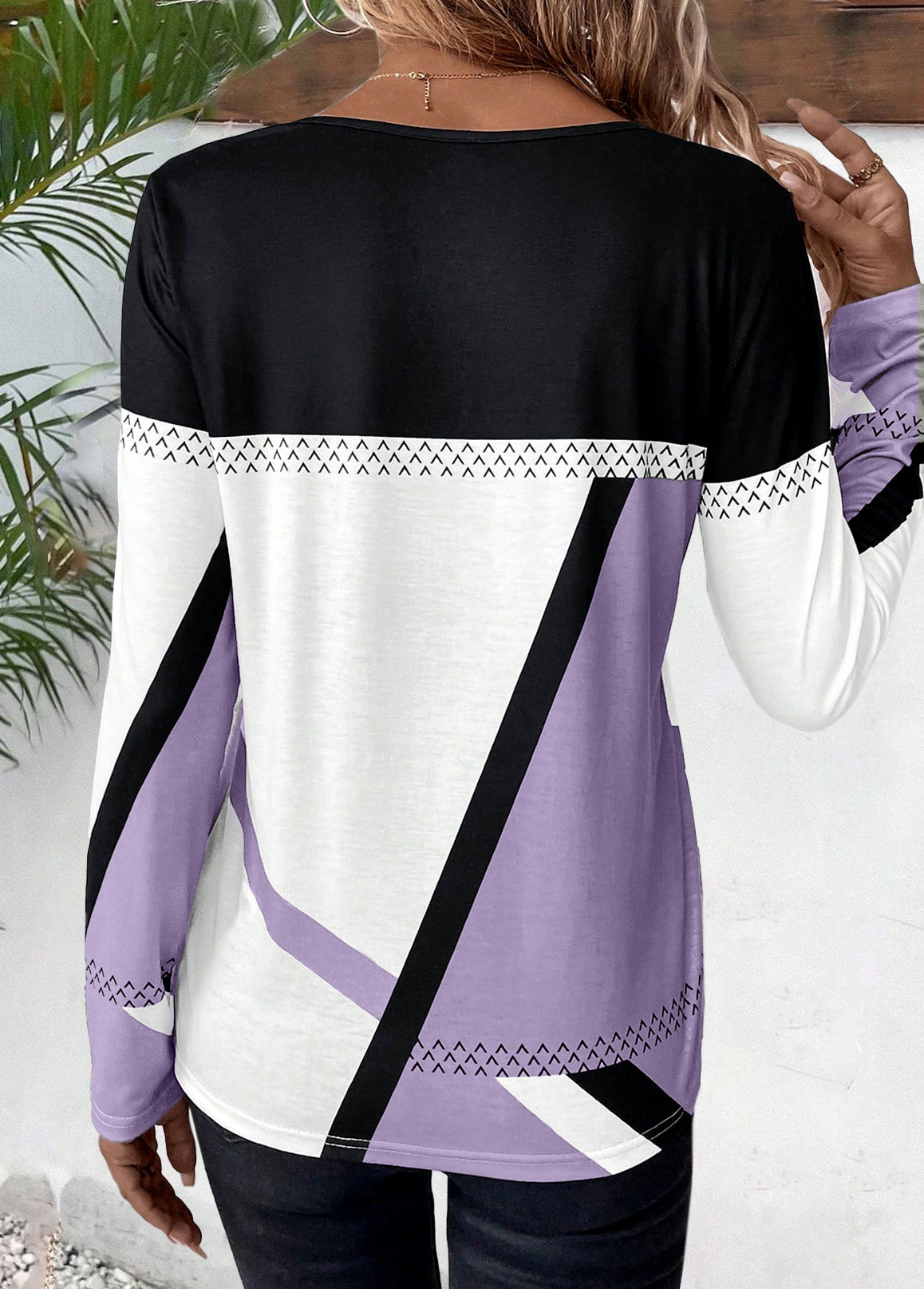 Light Purple plus size,White plus size,Geometric plus size,Striped plus size,ROTITA Plus Size Patchwork Light Purple Geometric Print T Shirt