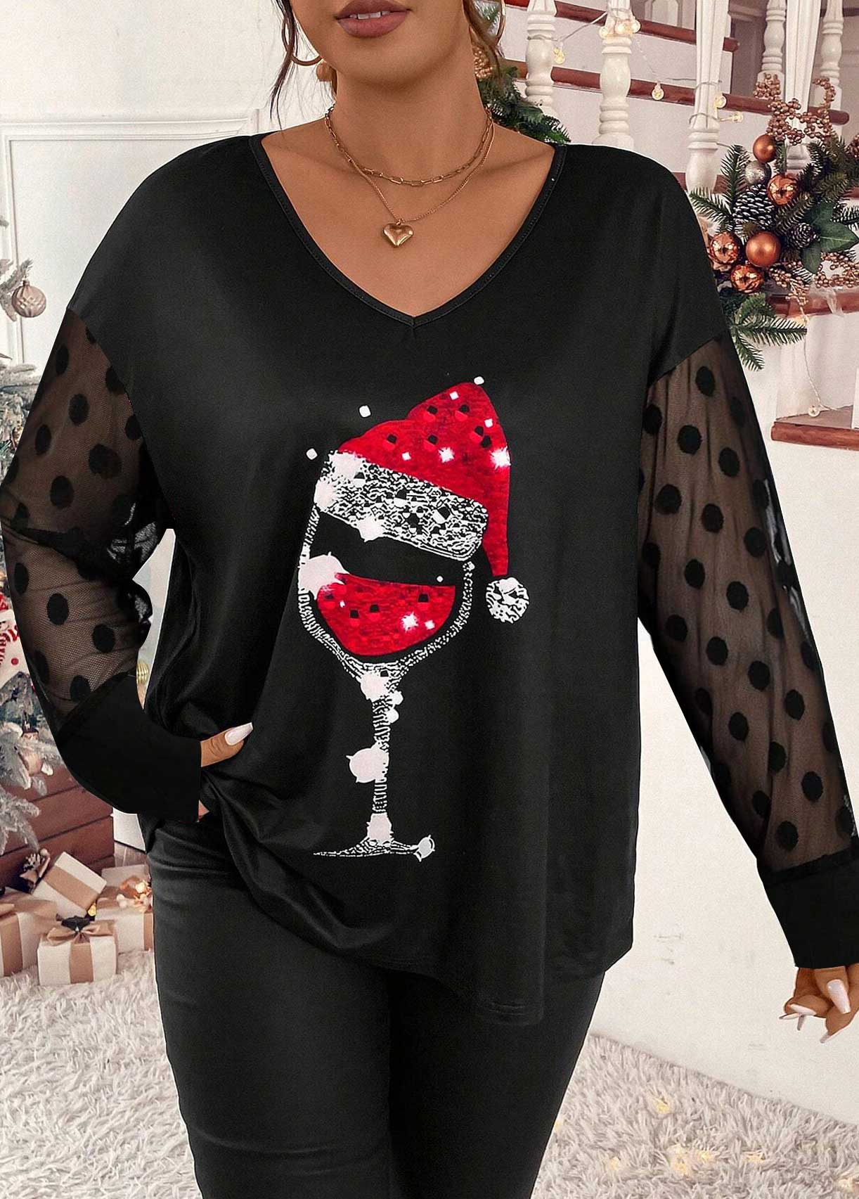 ROTITA Plus Size Mesh Black Christmas Print T Shirt