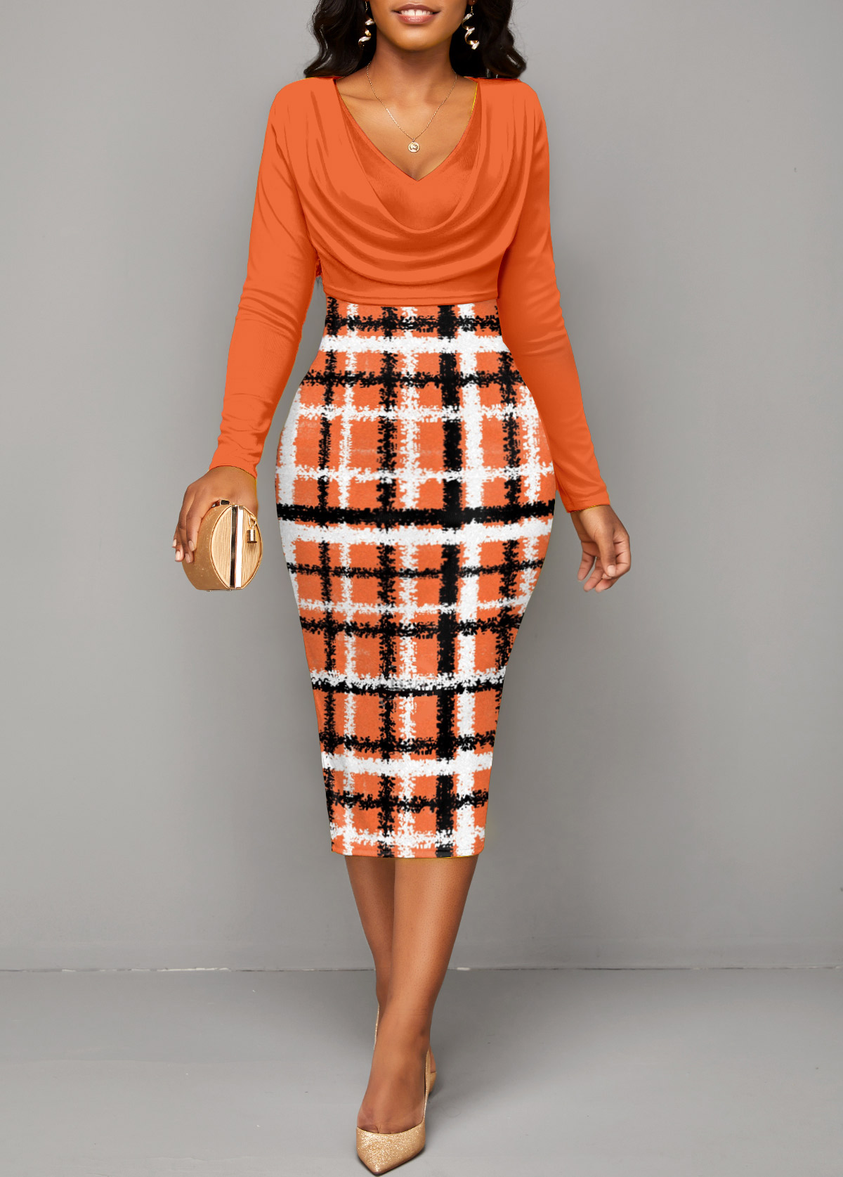 rotita patchwork plaid orange col drapé robe moulante à manches longues