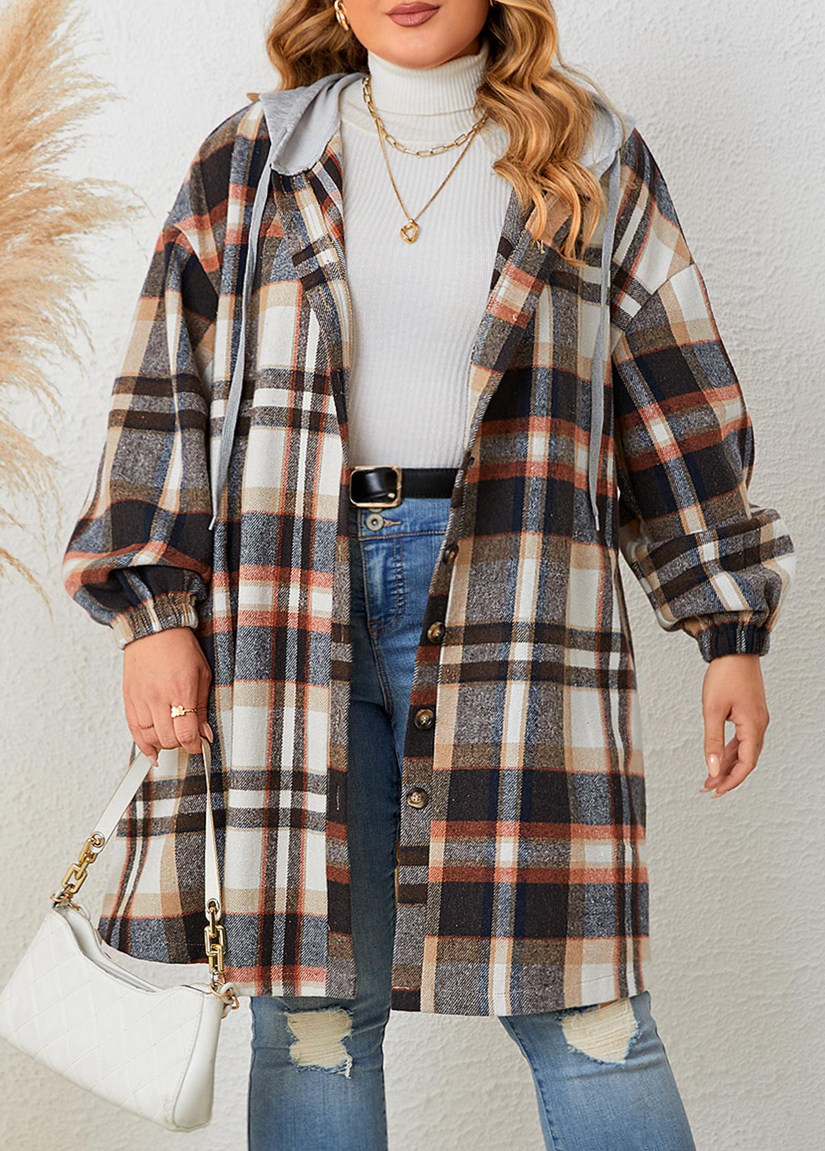 Plus Size Button Light Coffee Plaid Hooded Coat
