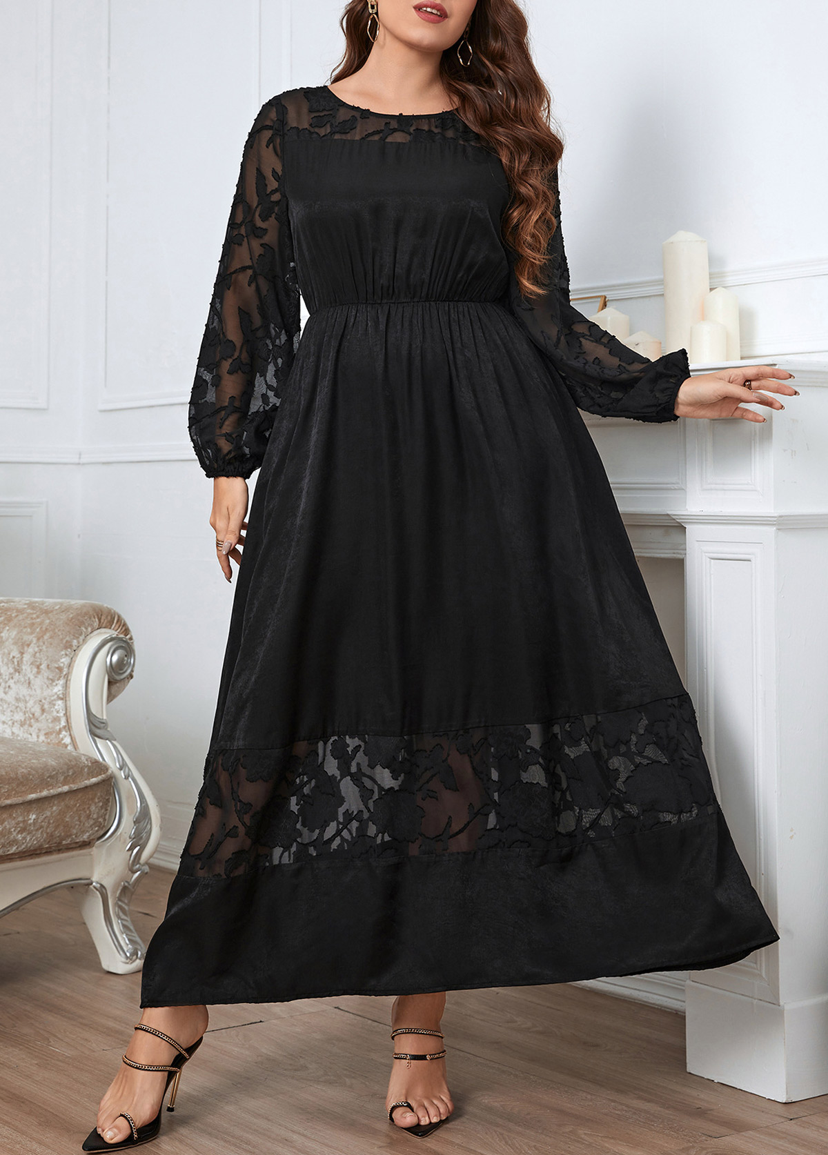 robe longue noire patchwork grande taille à col rond
