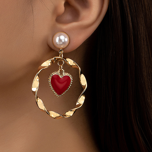 Heart Red Geometric Gold Alloy Earrings