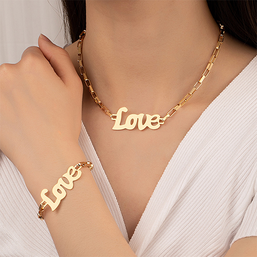 Letter Detail Chain Gold Alloy Necklace