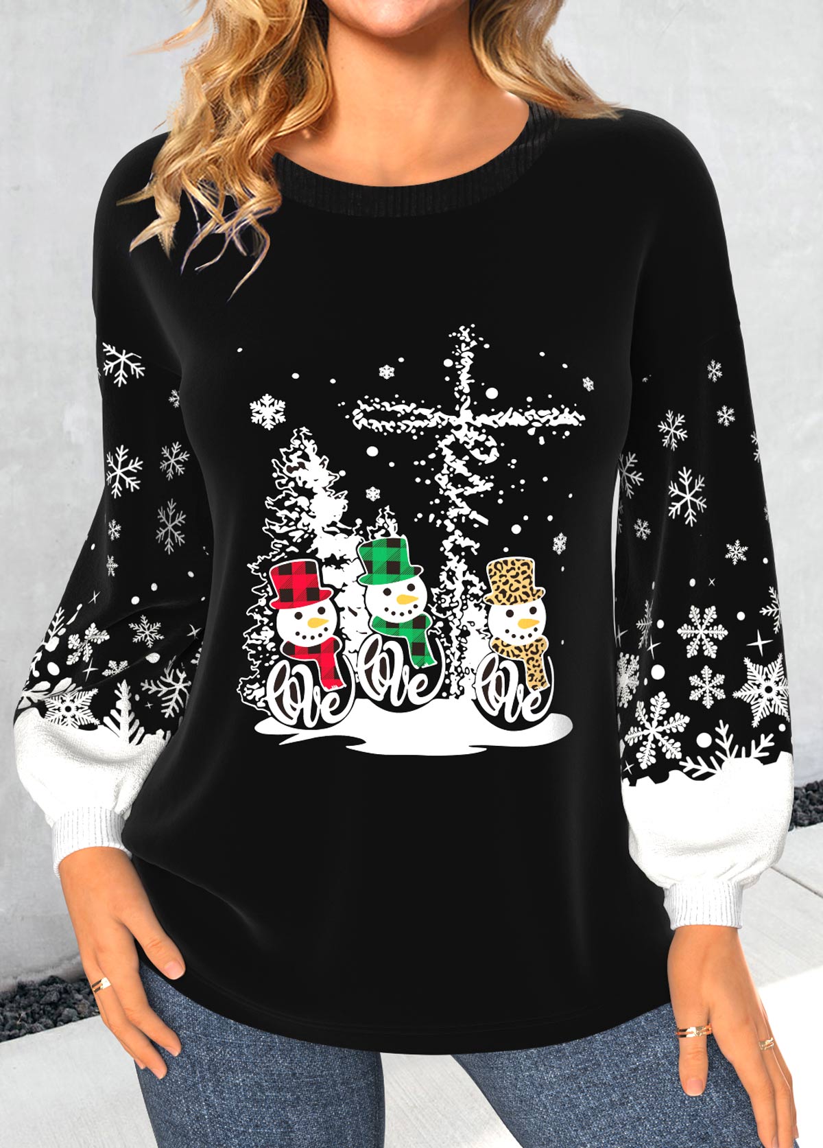 ROTITA Christmas Snowman Print Black Round Neck Long Sleeve Sweatshirt