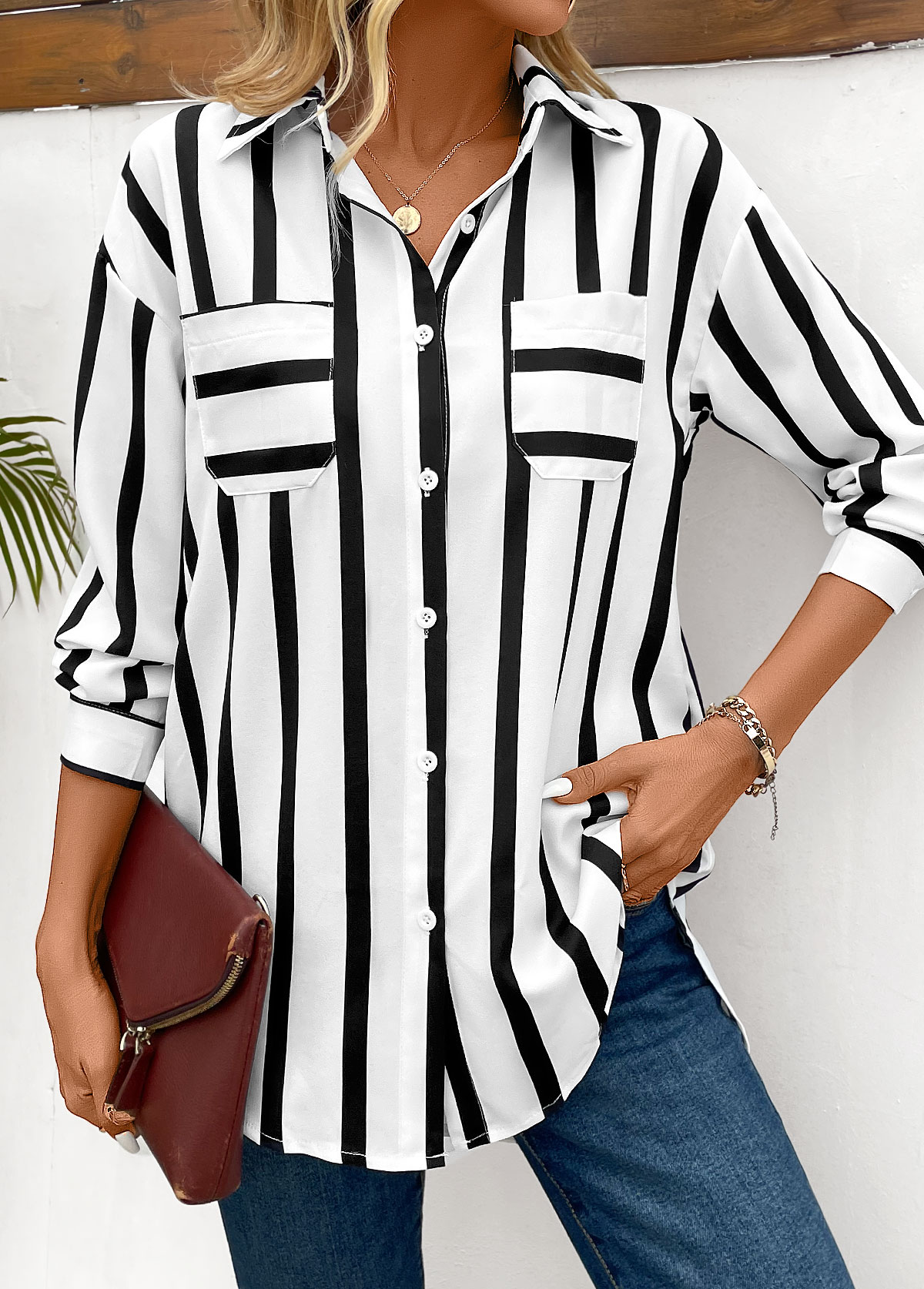 Pocket Striped Black Shirt Collar Long Sleeve Blouse
