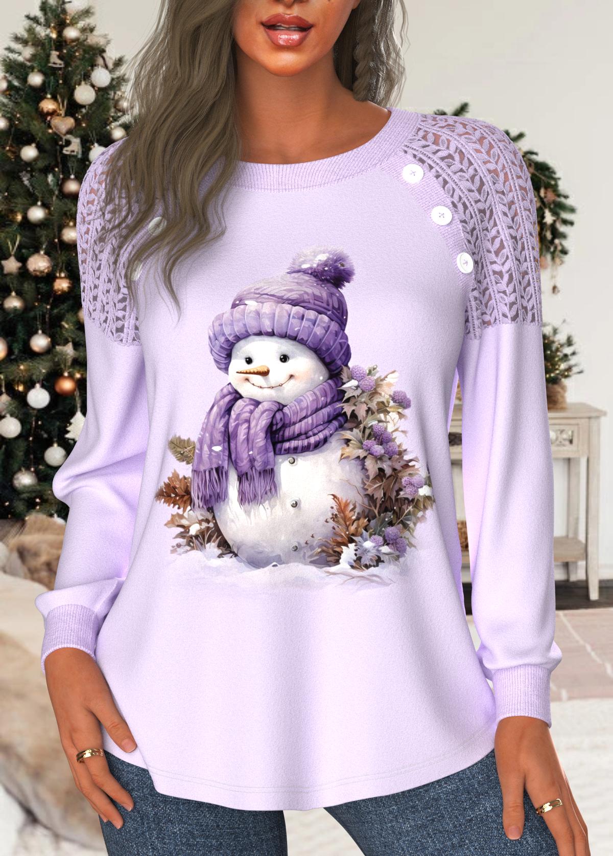 ROTITA Patchwork Snowman Print Light Purple Round Neck Sweatshirt