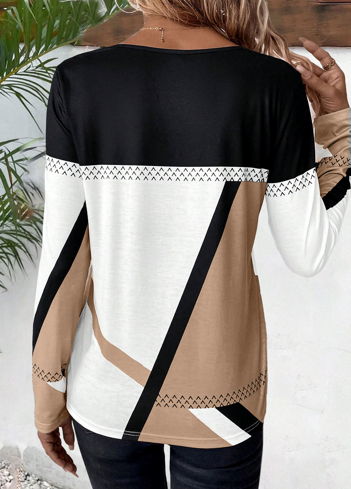 Light Coffee plus size,White plus size,Geometric plus size,Striped plus size,ROTITA Plus Size Patchwork Light Coffee Geometric Print T Shirt