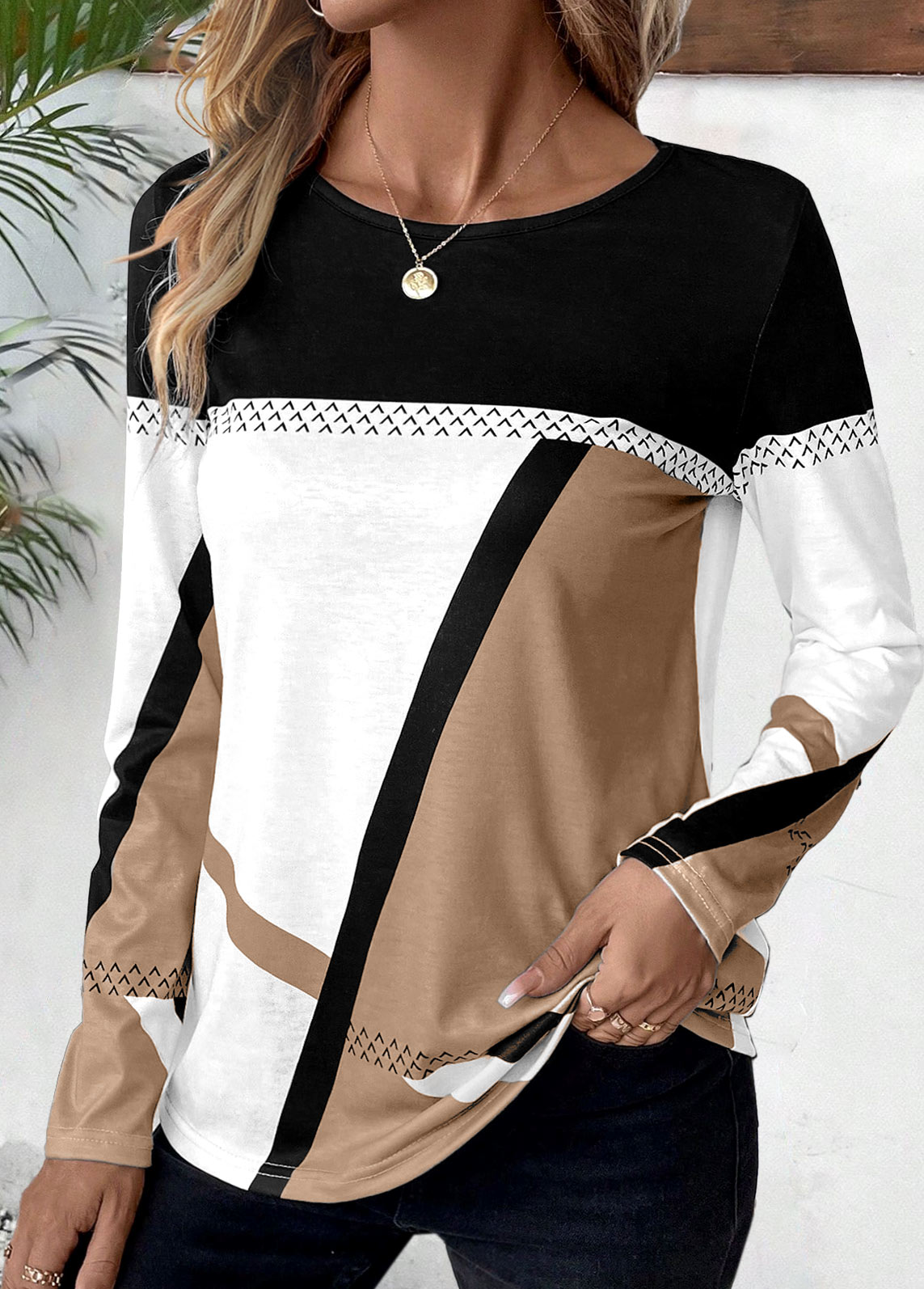 Light Coffee plus size,White plus size,Geometric plus size,Striped plus size,ROTITA Plus Size Patchwork Light Coffee Geometric Print T Shirt