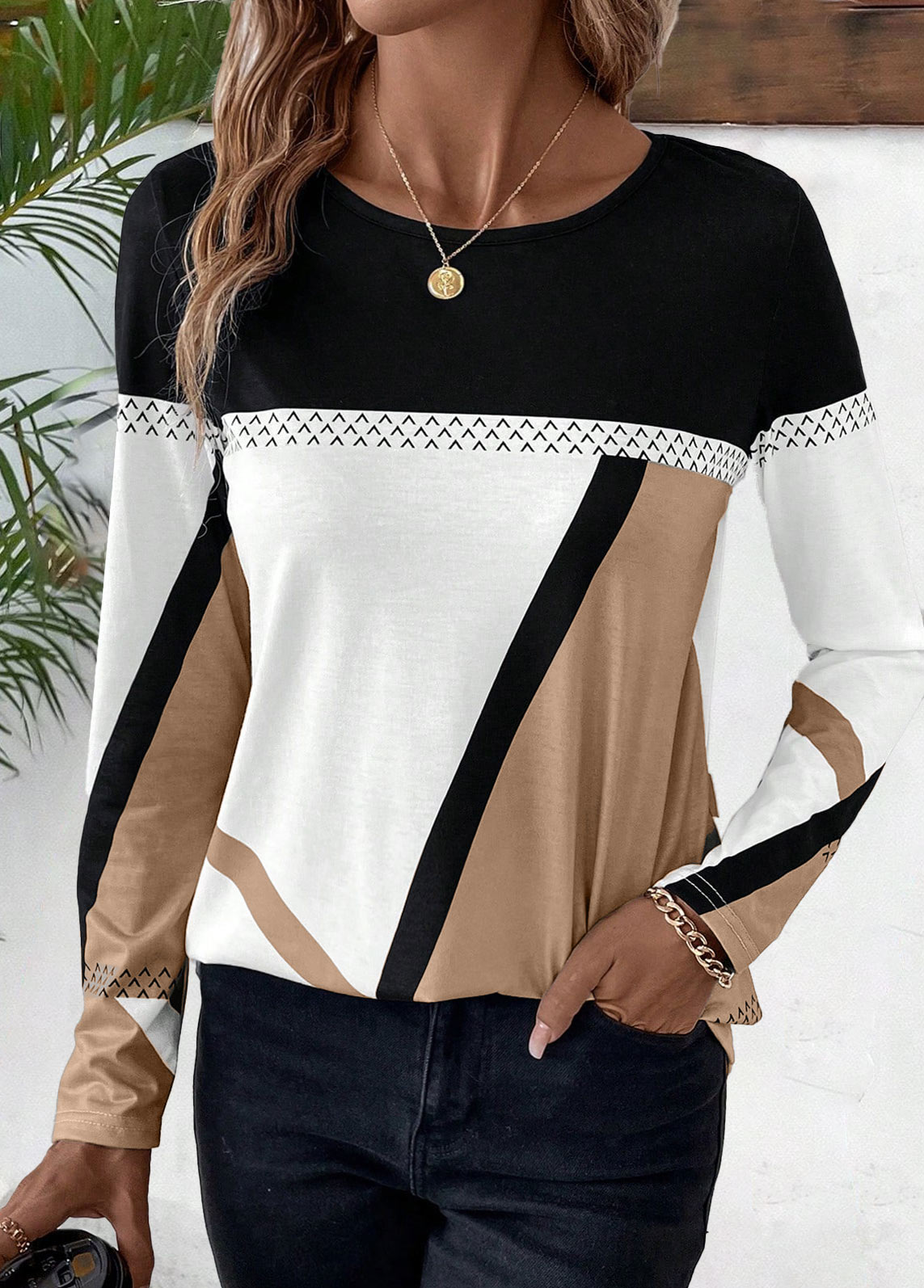 Light Coffee plus size,White plus size,Geometric plus size,Striped plus size,ROTITA Plus Size Patchwork Light Coffee Geometric Print T Shirt