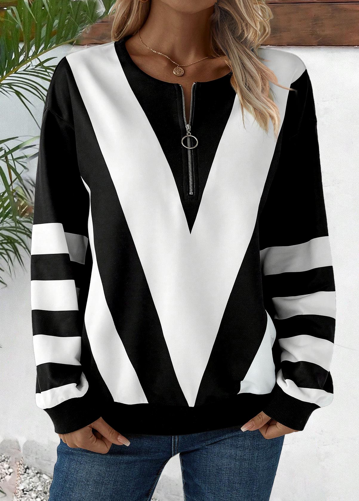 ROTITA Zipper Striped Black Round Neck Long Sleeve Sweatshirt
