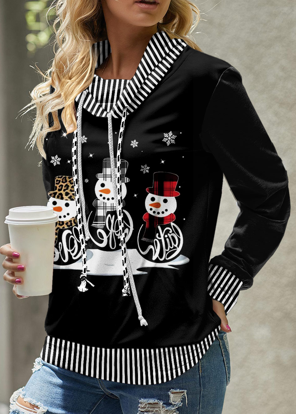 ROTITA Patchwork Snowman Print Black Cowl Neck Christmas Sweatshirt