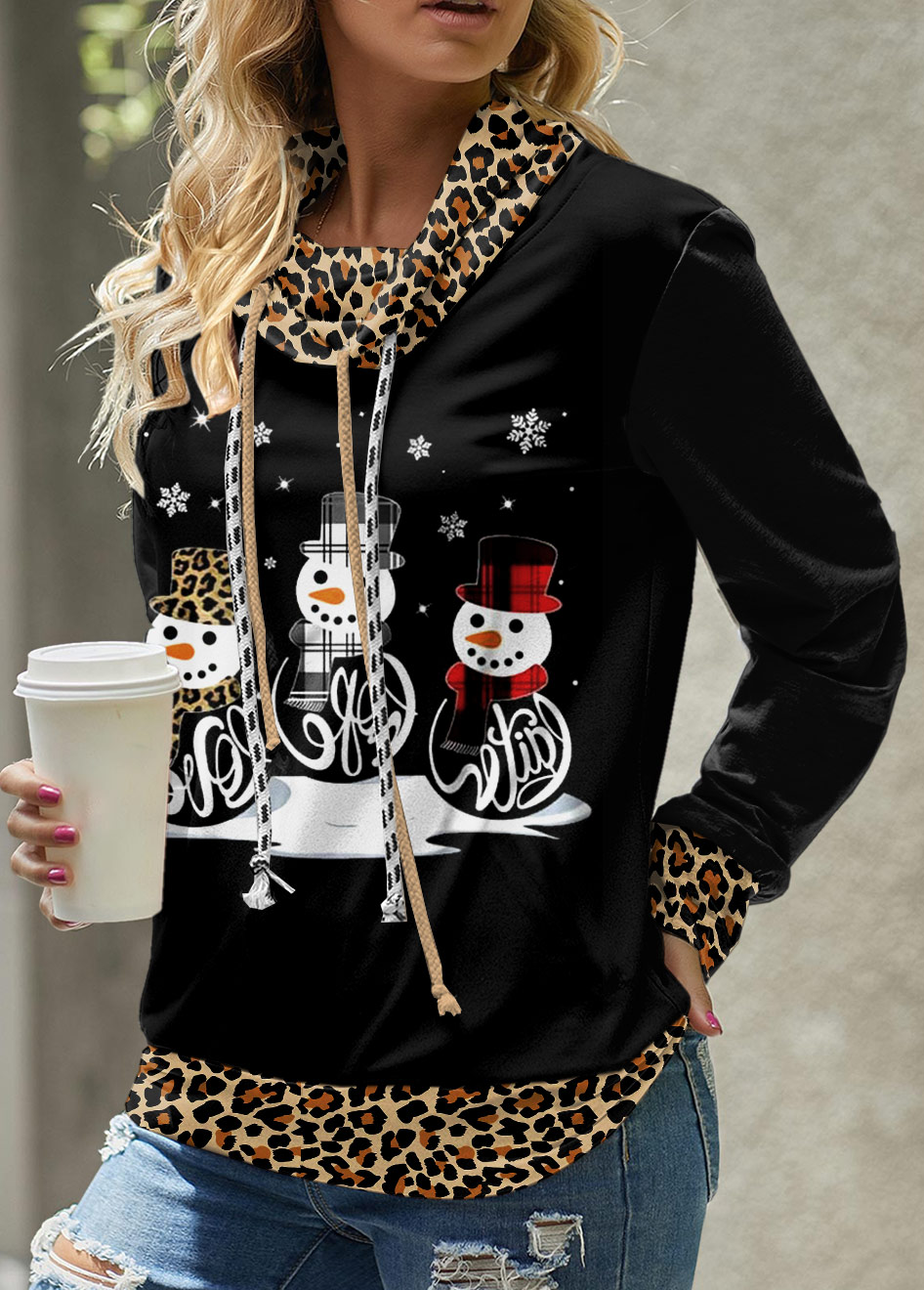 ROTITA Patchwork Leopard Light Coffee Cowl Neck Christmas Sweatshirt