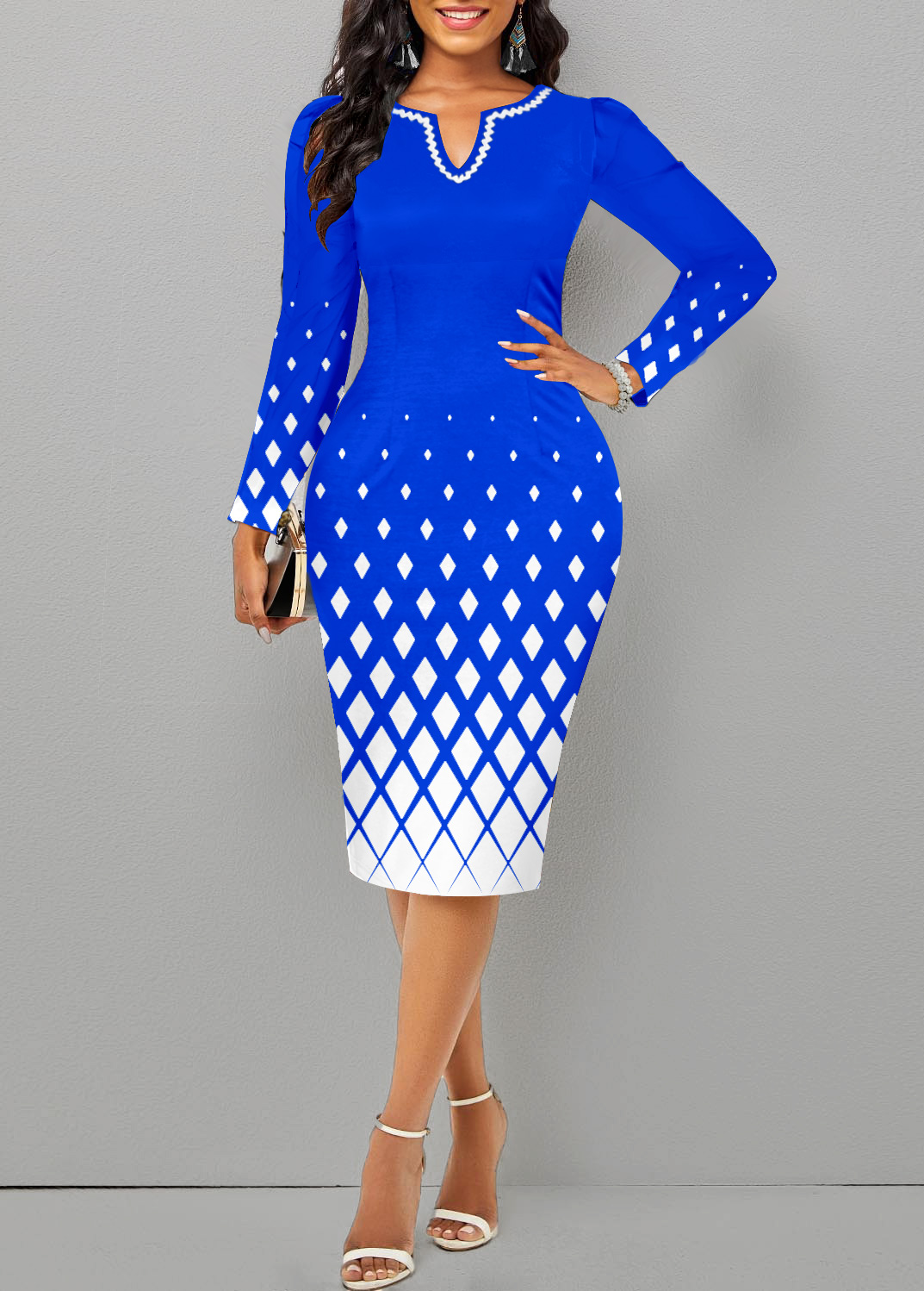 ROTITA Split Geometric Print Royal Blue Long Sleeve Dress