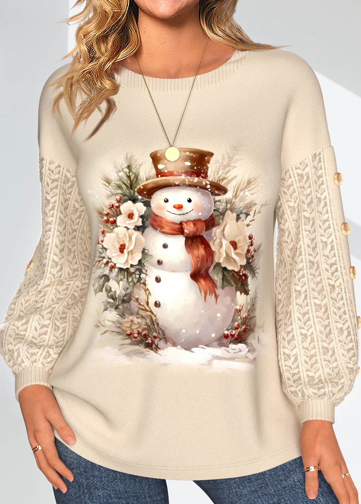 ROTITA Plus Size Lace Light Camel Santa Claus Print Sweatshirt