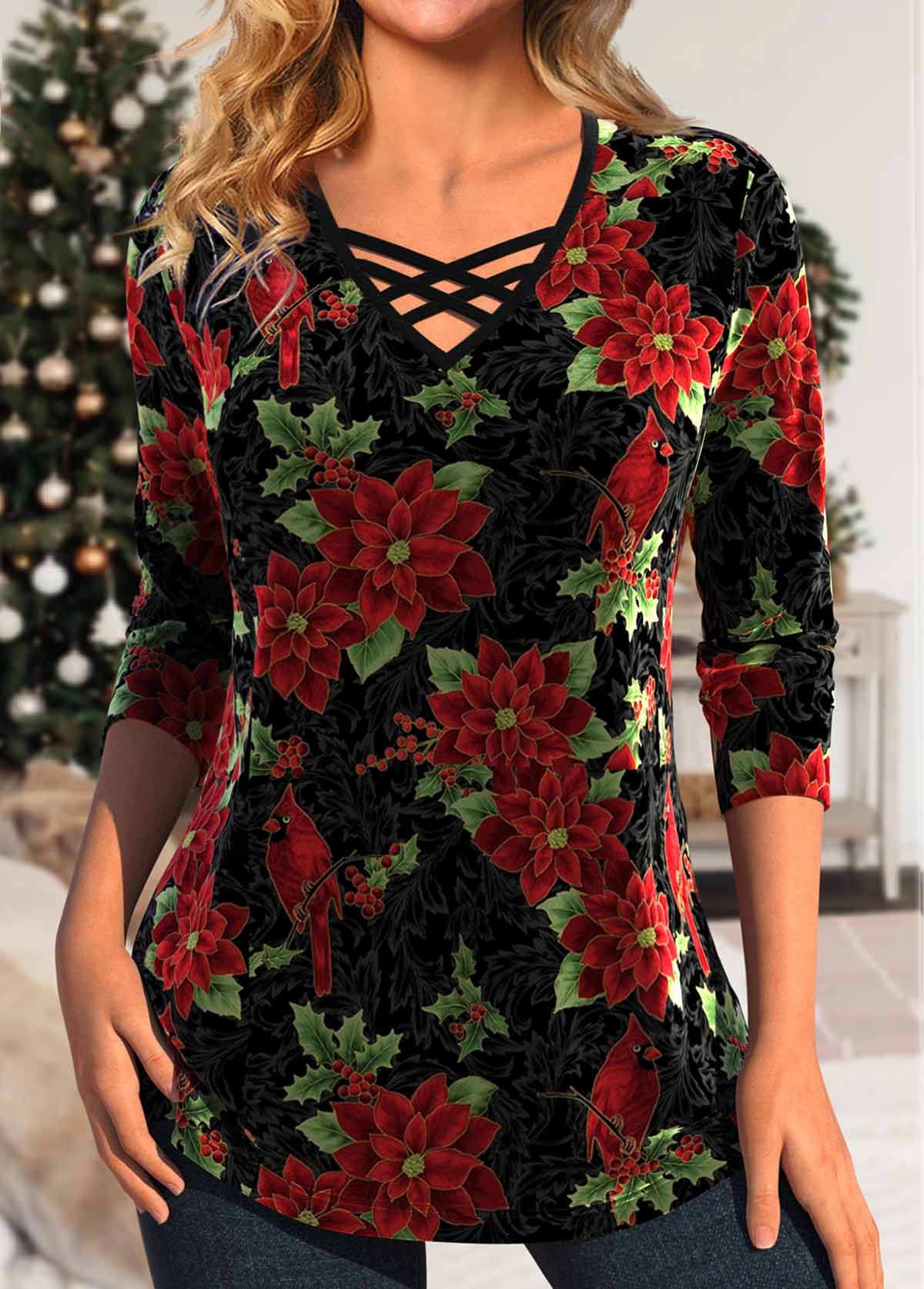ROTITA Plus Size Velvet Black Floral Print T Shirt