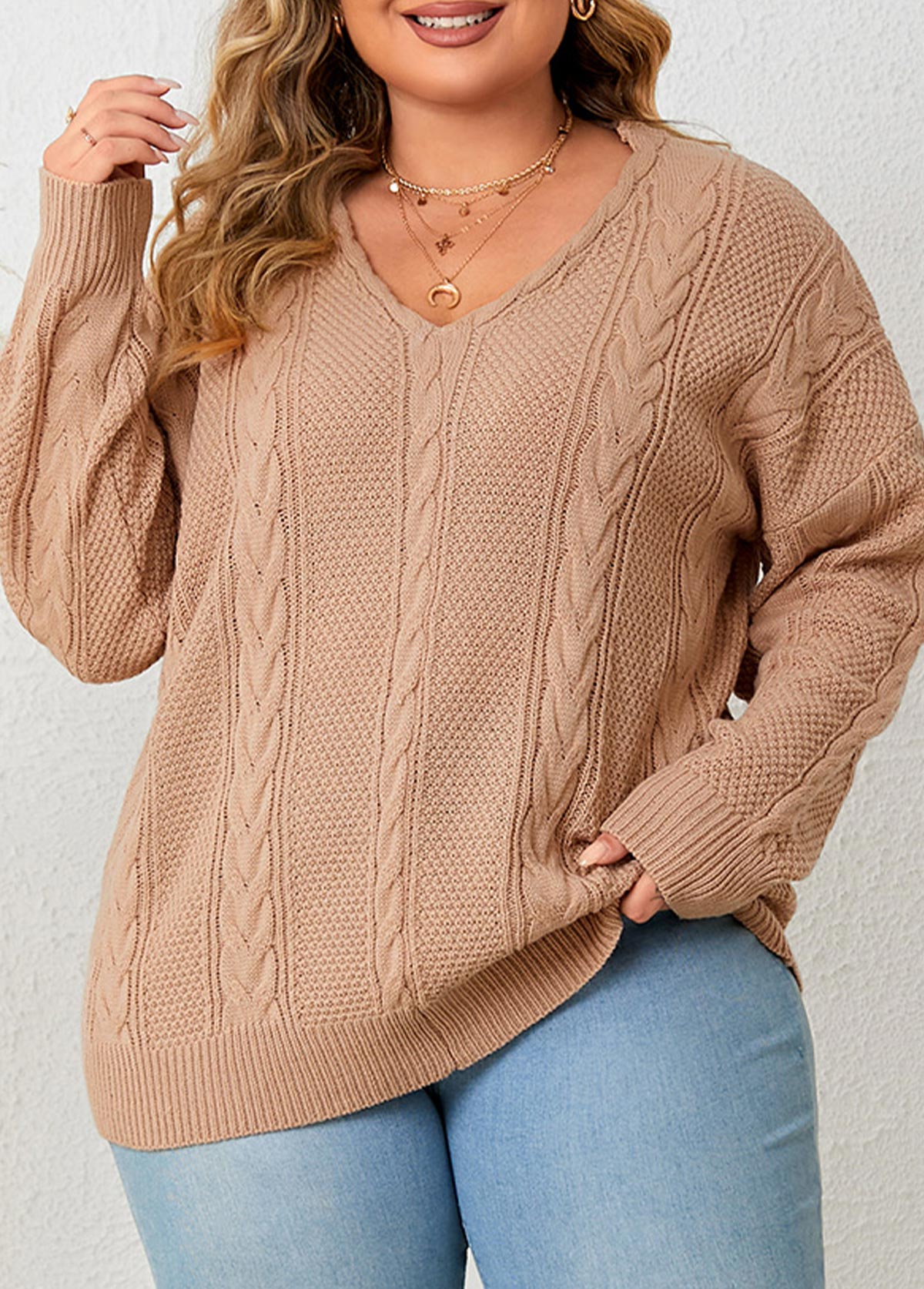 Plus Size Cable Light Coffee V Neck Sweater