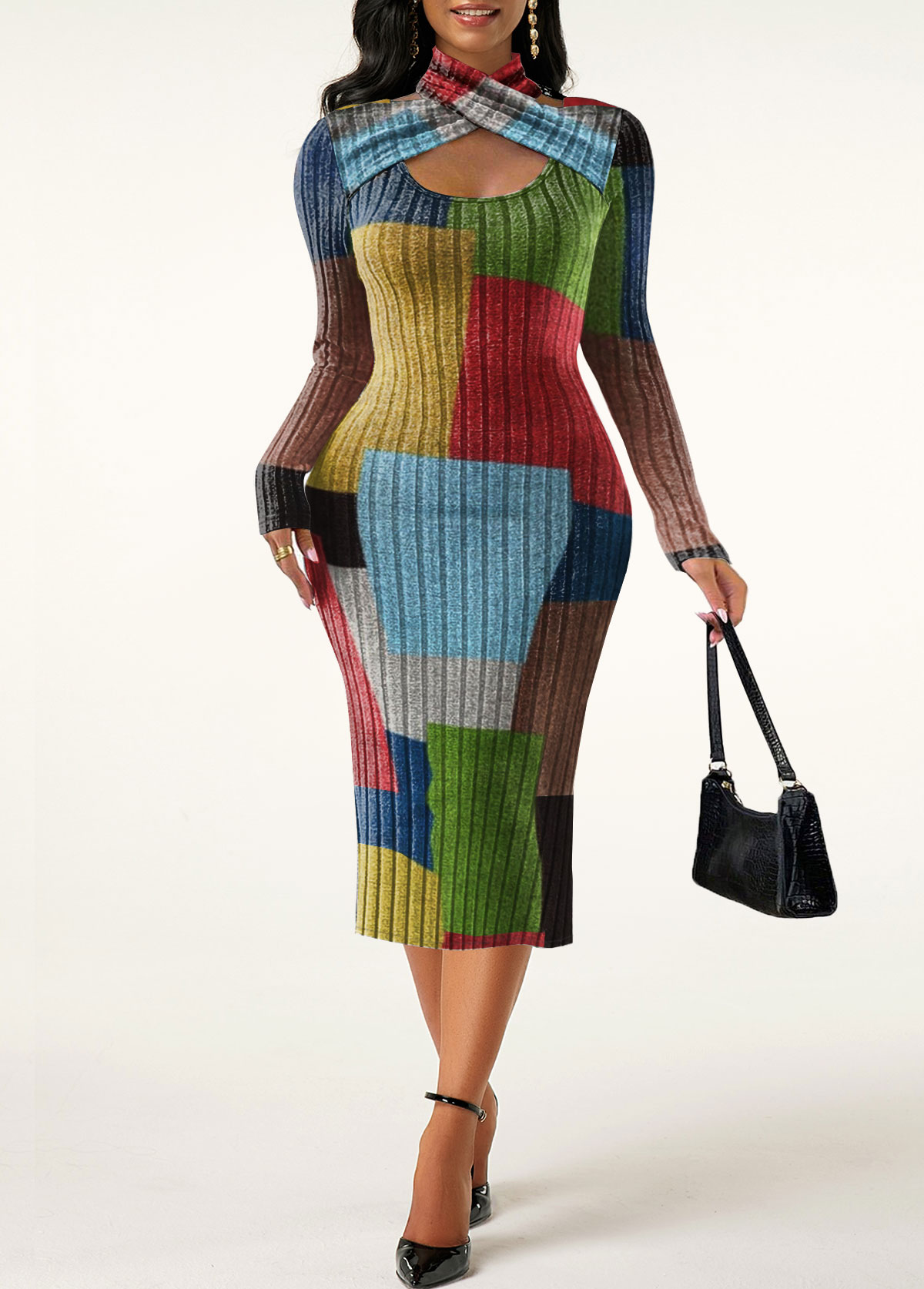 ROTITA Plus Size Criss Cross Rainbow Color Geometric Print Dress