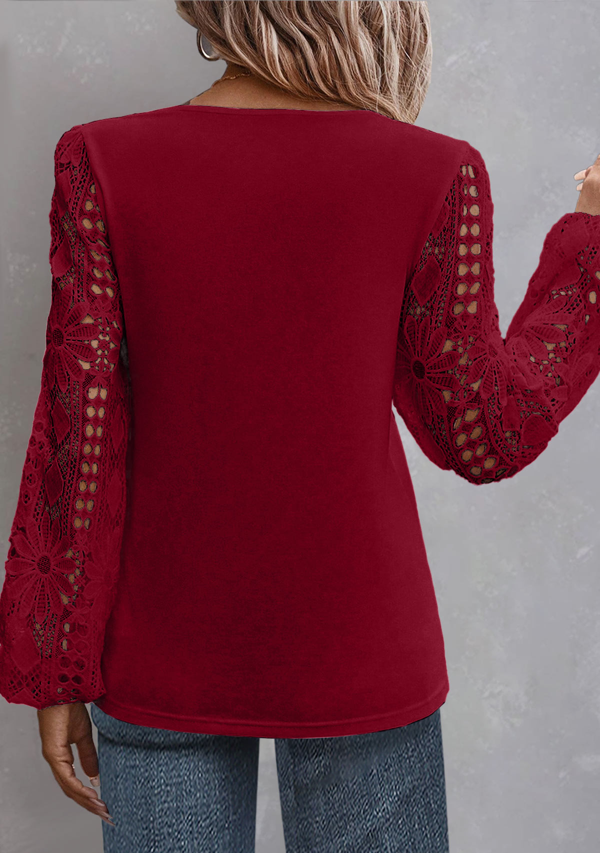 Wine Red tops,Plain Color tops,ROTITA Plus Size Lace Wine Red Asymmetrical Neck Blouse