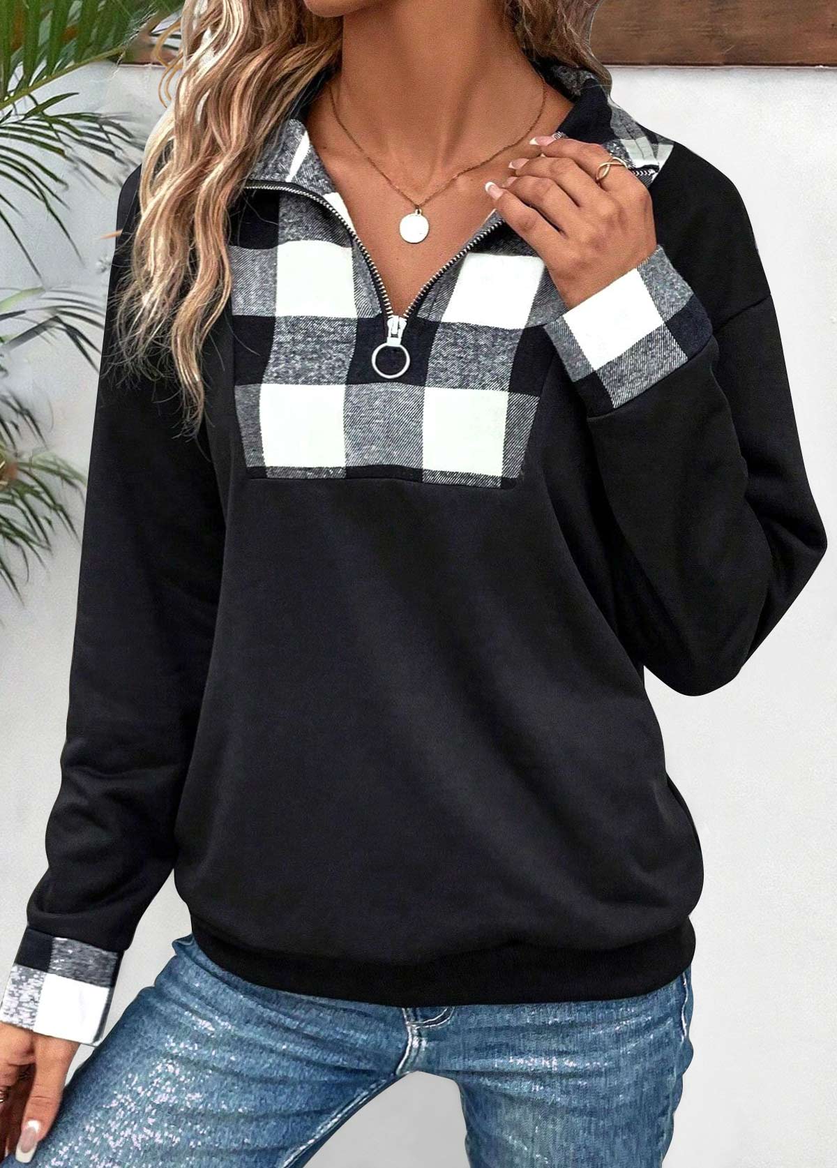ROTITA Plus Size Patchwork Black Plaid Turn Down Collar Sweatshirt