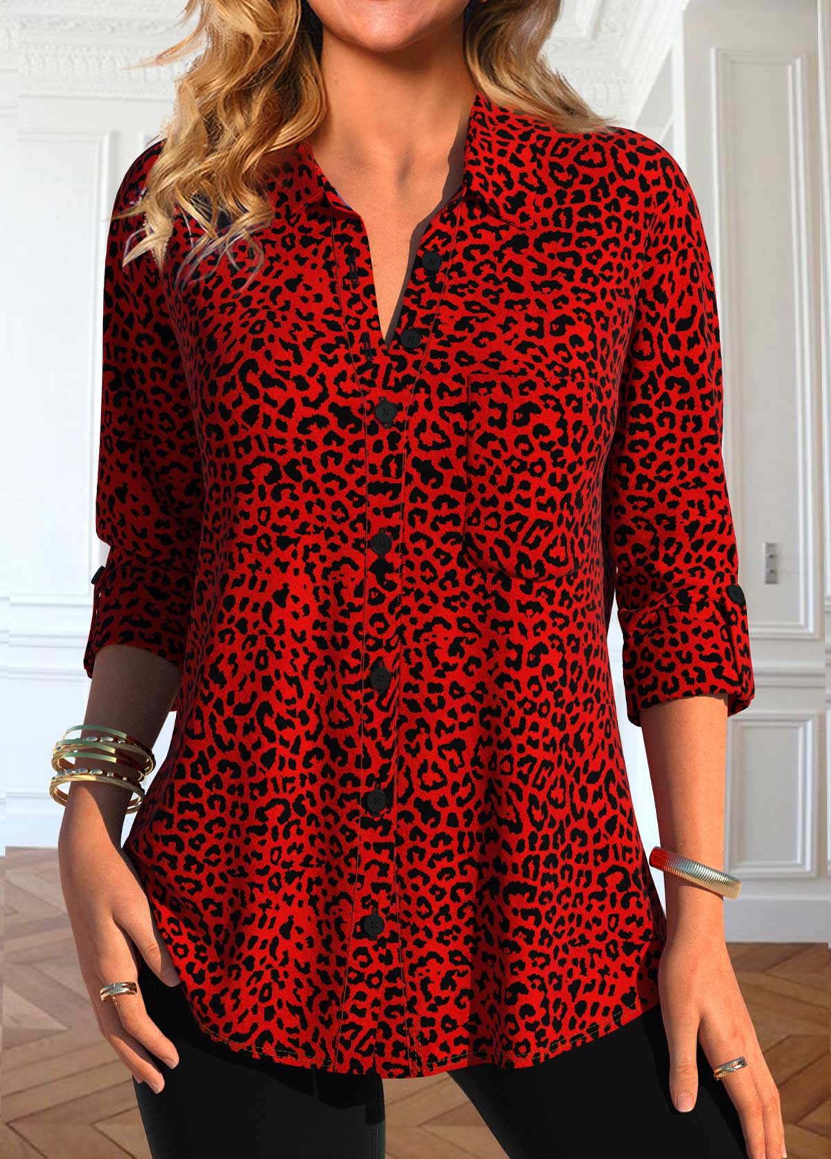 ROTITA Plus Size Button Red Leopard Shirt Collar Blouse