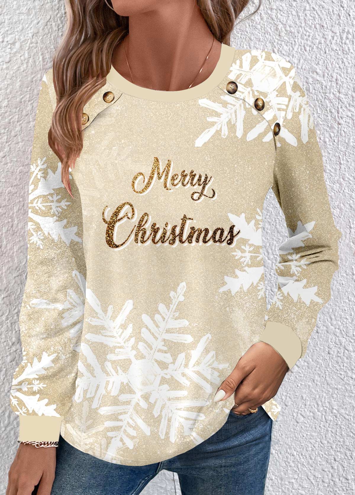 ROTITA Button Snowflake Print Champagne Round Neck Christmas Sweatshirt