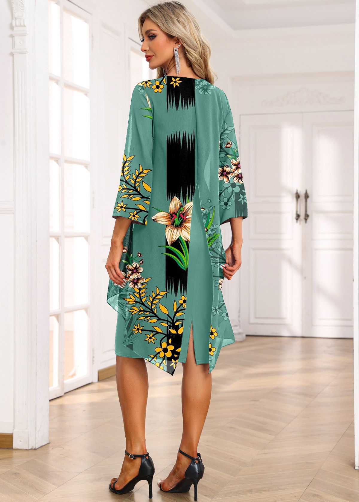 Green dresses,Floral dresses,Plants dresses,Geometric dresses,Party dresses,Elegant dresses,ROTITA Fake 2in1 Floral Print Green High Low Dress