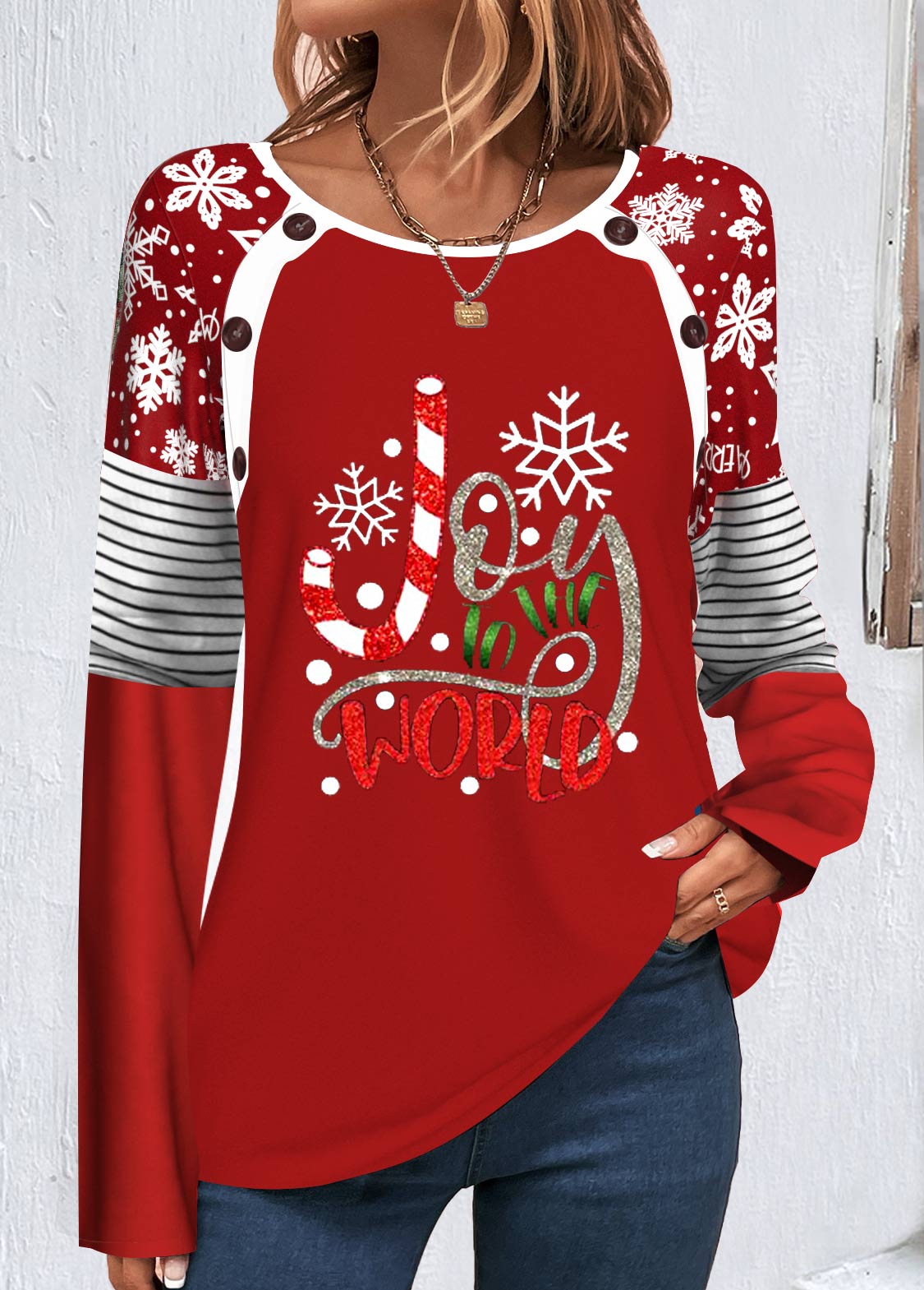 ROTITA Patchwork Christmas Print Red Round Neck Long Sleeve Sweatshirt