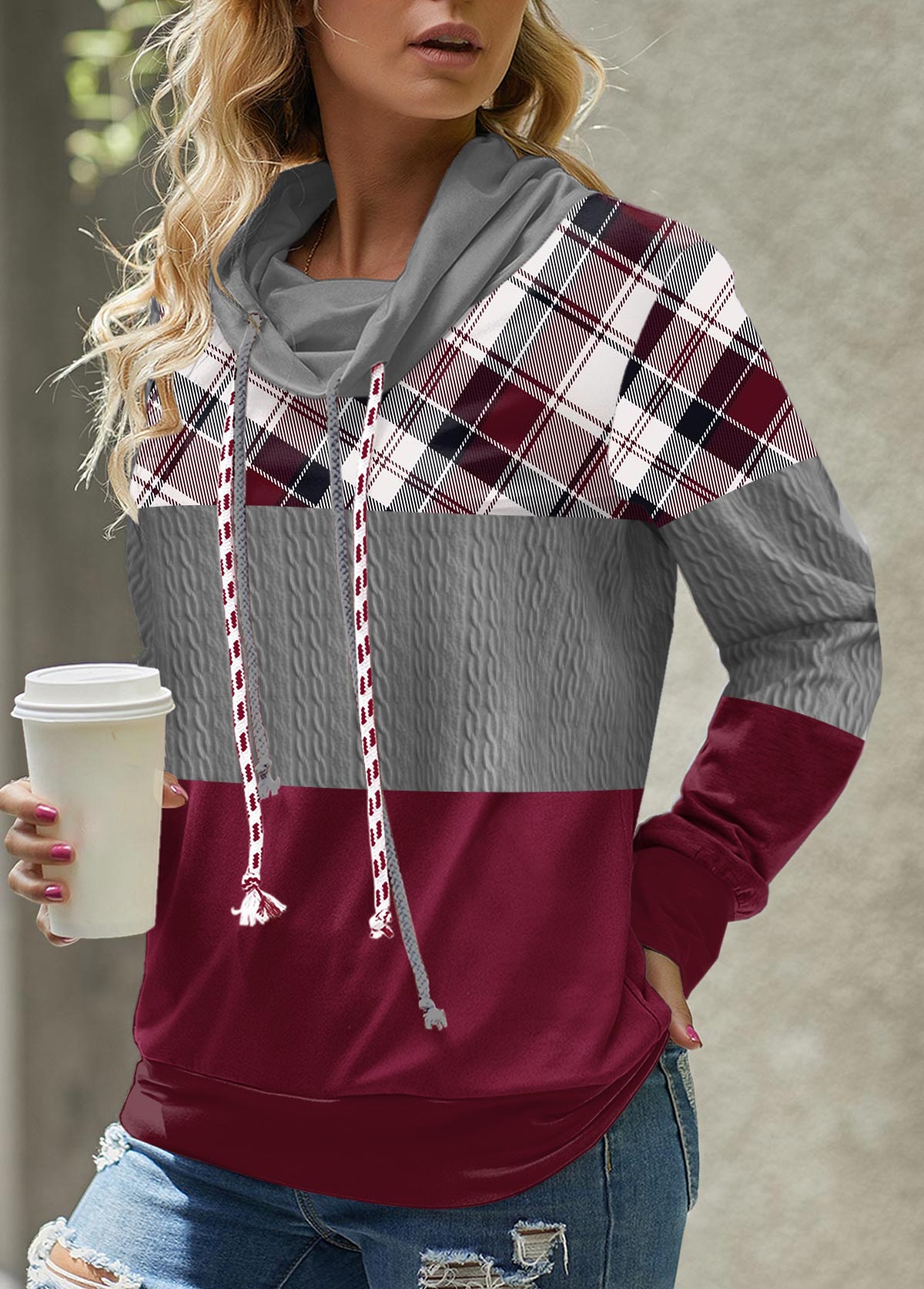 ROTITA Patchwork Plaid Multi Color Cowl Neck Long Sleeve Sweatshirt