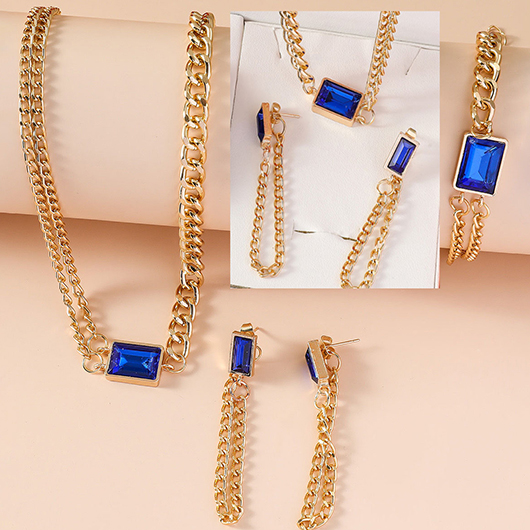 Rectangle Blue Alloy Earrings Necklace and Bracelet