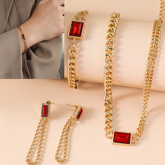 Rectangle Red Alloy Earrings Necklace and Bracelet